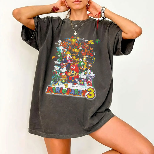 Mario Party 3 Vintage Fan Graphic Tee | Nintendo N64 Party Game Gift Shirt | Dark Washed Retro Gamer Tee