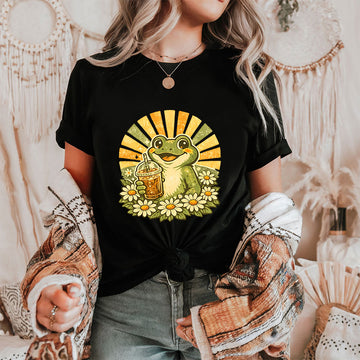 Retro Frog Iced Coffee Shirt – Cute Groovy Daisy Sunshine Graphic Tee, Coffee Lover Gift