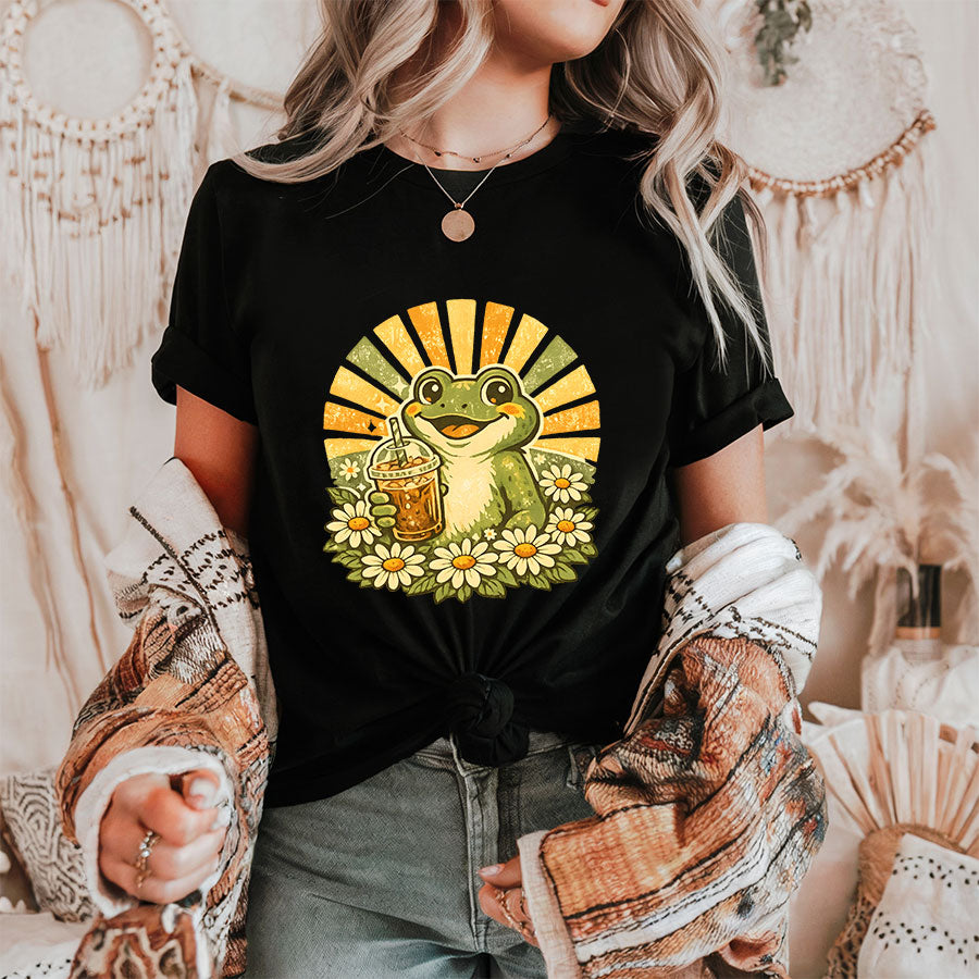 Retro Frog Iced Coffee Shirt – Cute Groovy Daisy Sunshine Graphic Tee, Coffee Lover Gift