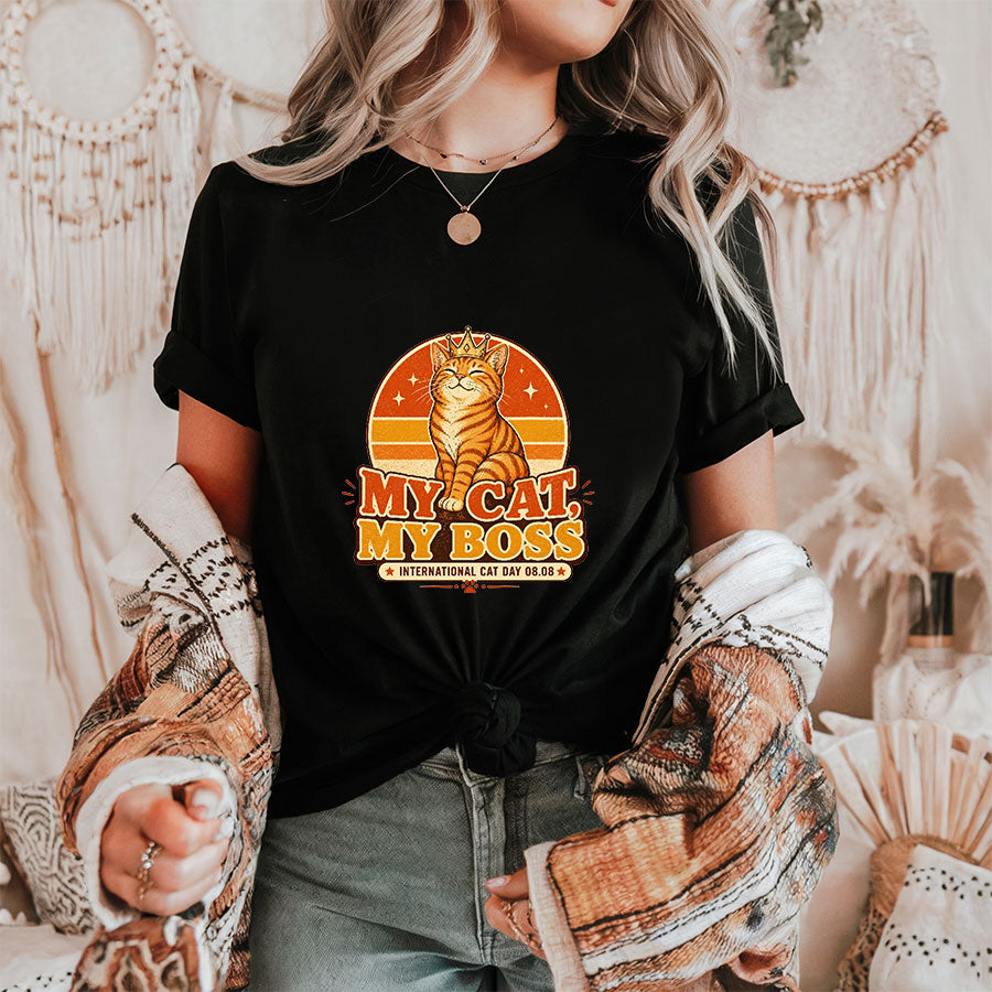 My Cat My Boss Shirt, Funny International Cat Day Tee, Retro Cat Lover Gift, Cat Mom Shirt, Ginger Orange Cat Shirt