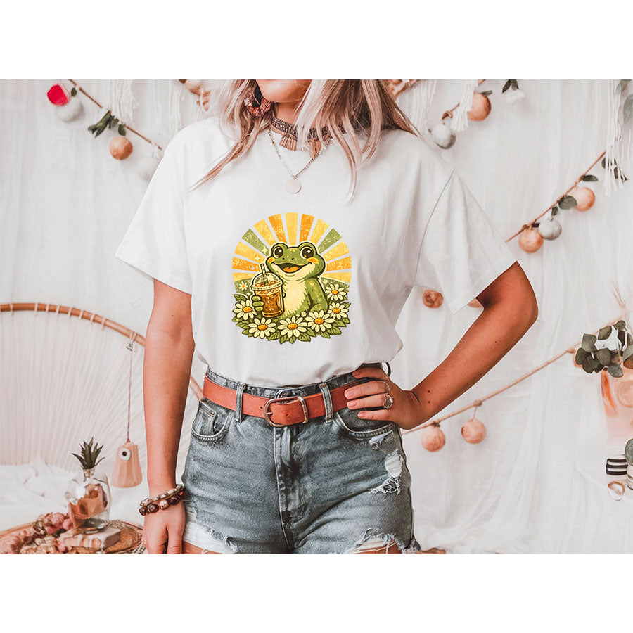 Retro Frog Iced Coffee Shirt – Cute Groovy Daisy Sunshine Graphic Tee, Coffee Lover Gift