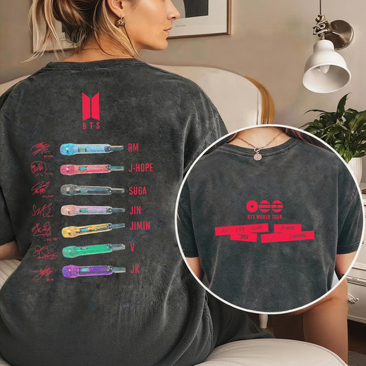 BTS World Tour Fan Tee | 7 Members Microphone Graphic Shirt | Dark Washed ARMY Merch Gift