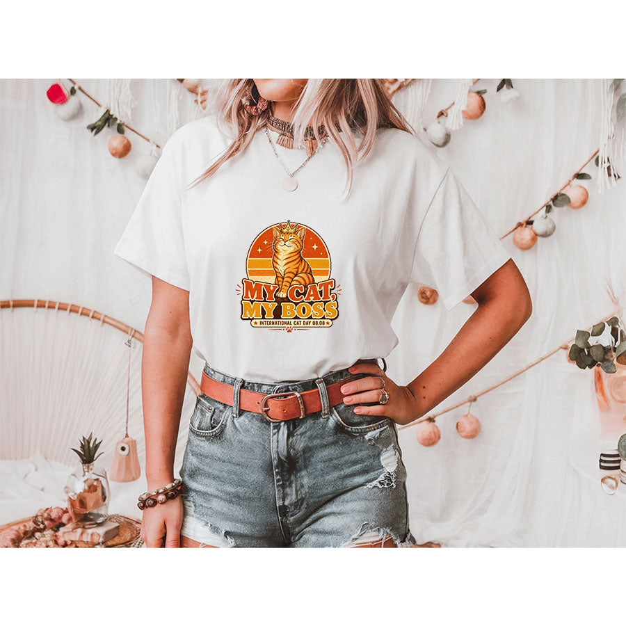 My Cat My Boss Shirt, Funny International Cat Day Tee, Retro Cat Lover Gift, Cat Mom Shirt, Ginger Orange Cat Shirt