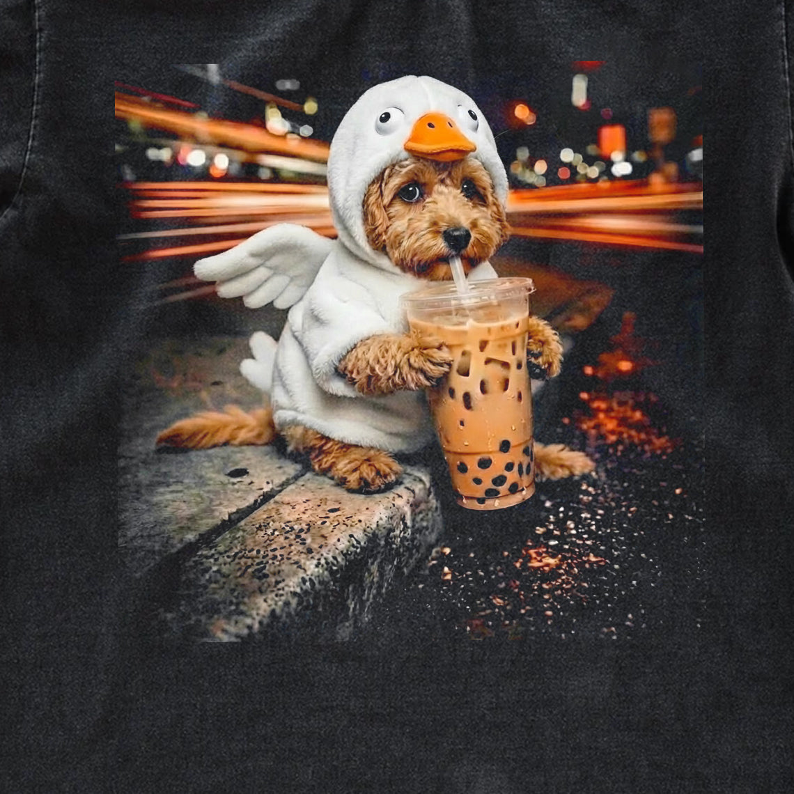 Funny Dog Duck Costume Boba Tea Graphic Tee – Vintage Grunge Oversized Washed Shirt Gift