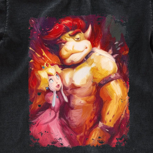 Bowser Peach Villain Princess Dark Art Tee | Fantasy Villain Romance Graphic Shirt | Dark Washed Fan Art Tee