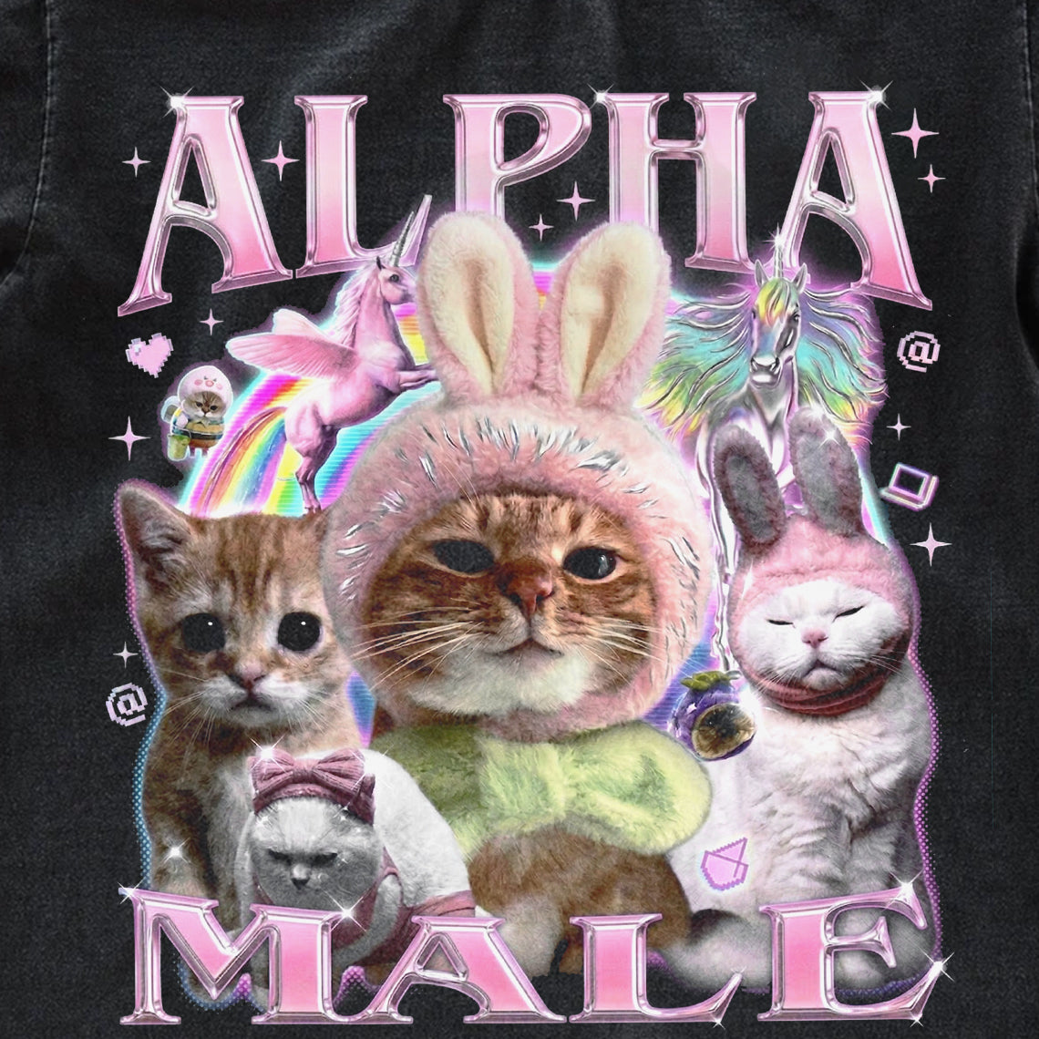 Alpha Male Funny Cat Bootleg Tee – Ironic 90s Vintage Rap Style Oversized Washed Shirt