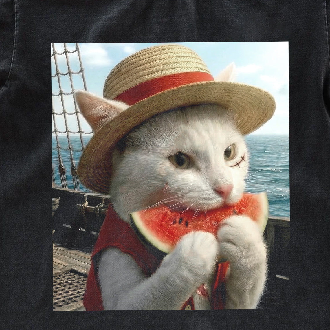 Funny Pirate Cat Graphic Tee – Summer Cat Eating Watermelon Vintage Oversized Washed Shirt