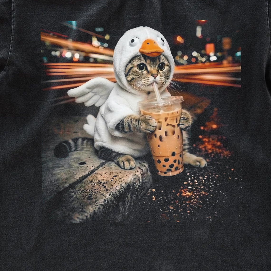 Funny Cat Duck Costume Boba Tea Graphic Tee – Vintage Grunge Oversized Washed Shirt Gift