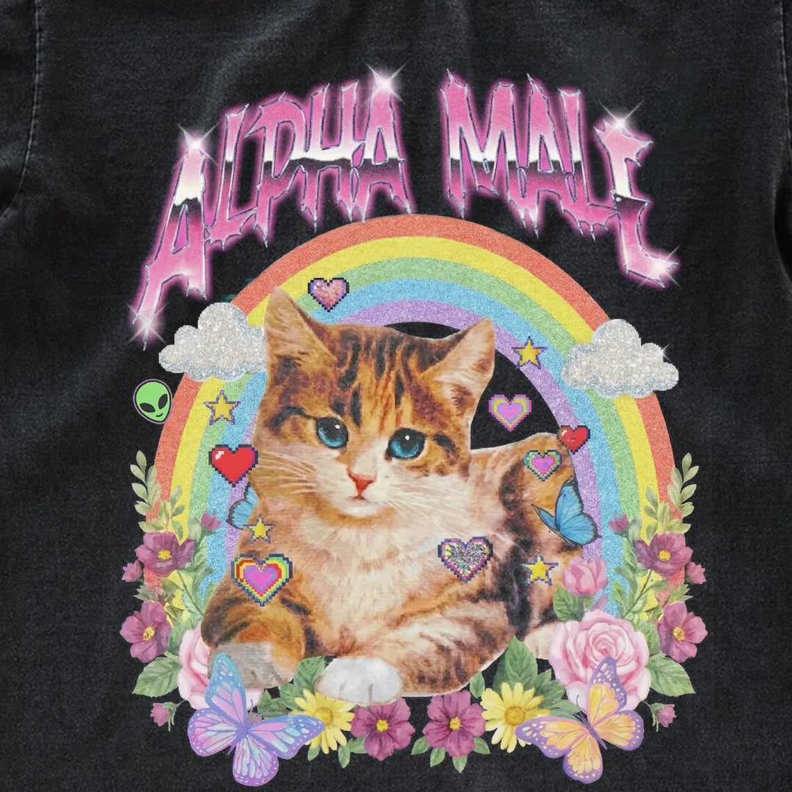 Alpha Male Funny Cat Graphic Tee – Ironic Y2K Meme Vintage Oversized Washed Shirt Gift