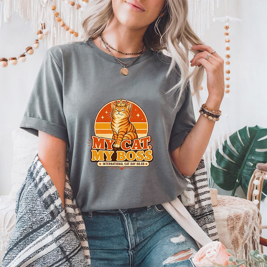 My Cat My Boss Shirt, Funny International Cat Day Tee, Retro Cat Lover Gift, Cat Mom Shirt, Ginger Orange Cat Shirt