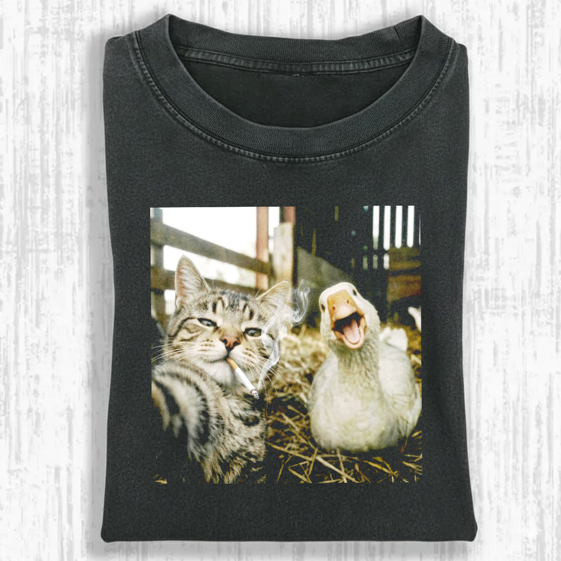 Funny Cat & Goose Selfie Graphic Tee – Vintage Grunge Oversized Washed Shirt, Cat Lover Gift