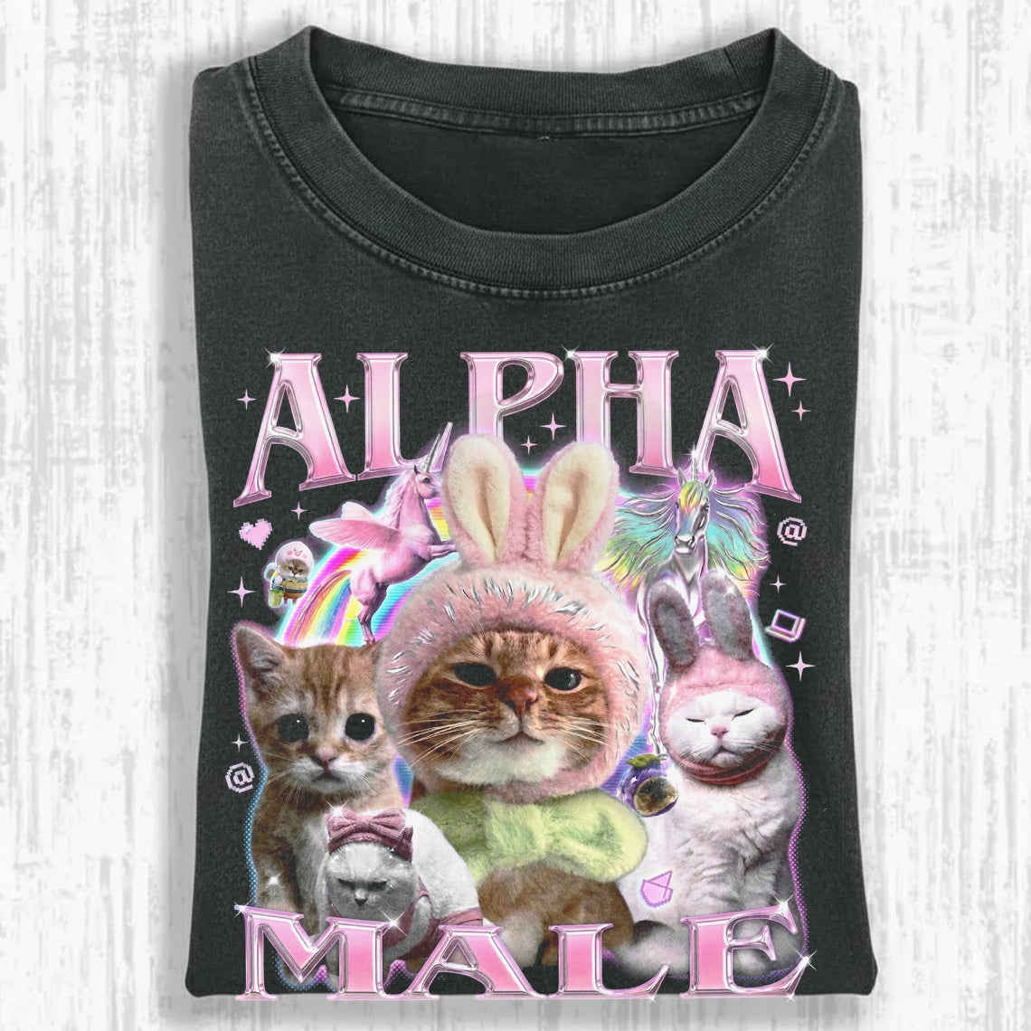 Alpha Male Funny Cat Bootleg Tee – Ironic 90s Vintage Rap Style Oversized Washed Shirt