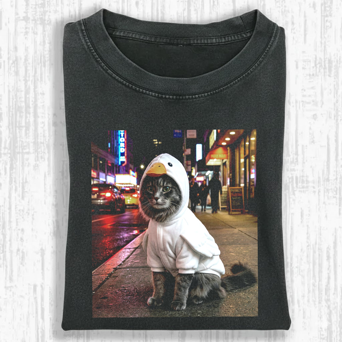 Funny Cat in Duck Costume Graphic Tee – Vintage Grunge Oversized Washed City Streetwear Shirt