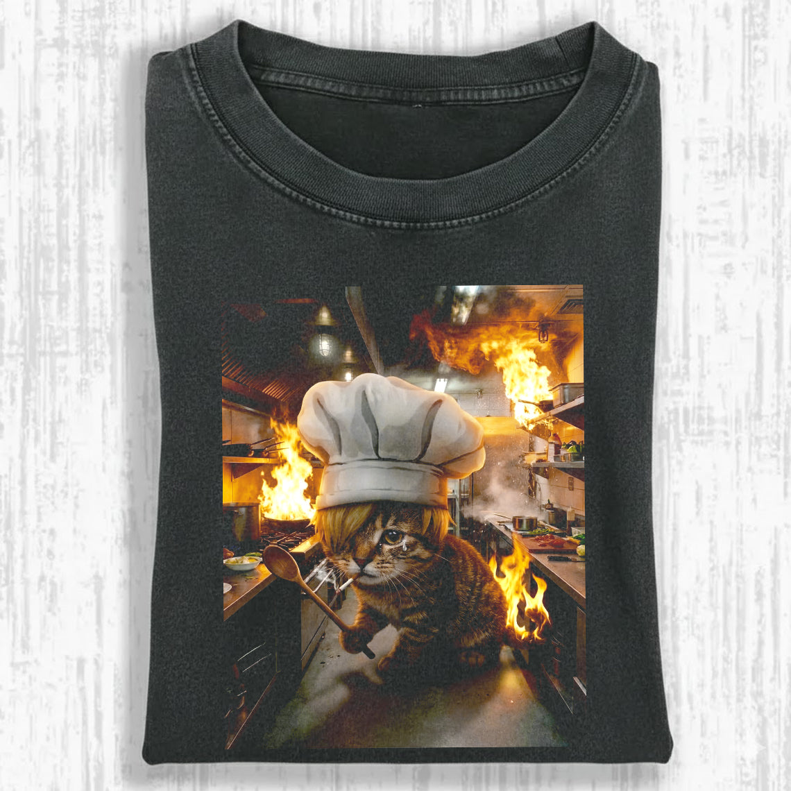 Funny Chef Cat Graphic Tee – Kitchen Disaster Cat Vintage Oversized Washed Shirt Gift