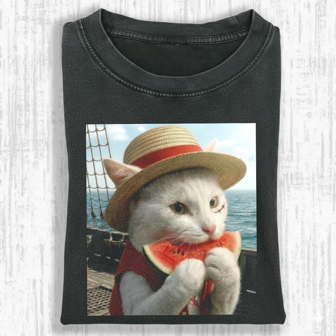 Funny Pirate Cat Graphic Tee – Summer Cat Eating Watermelon Vintage Oversized Washed Shirt