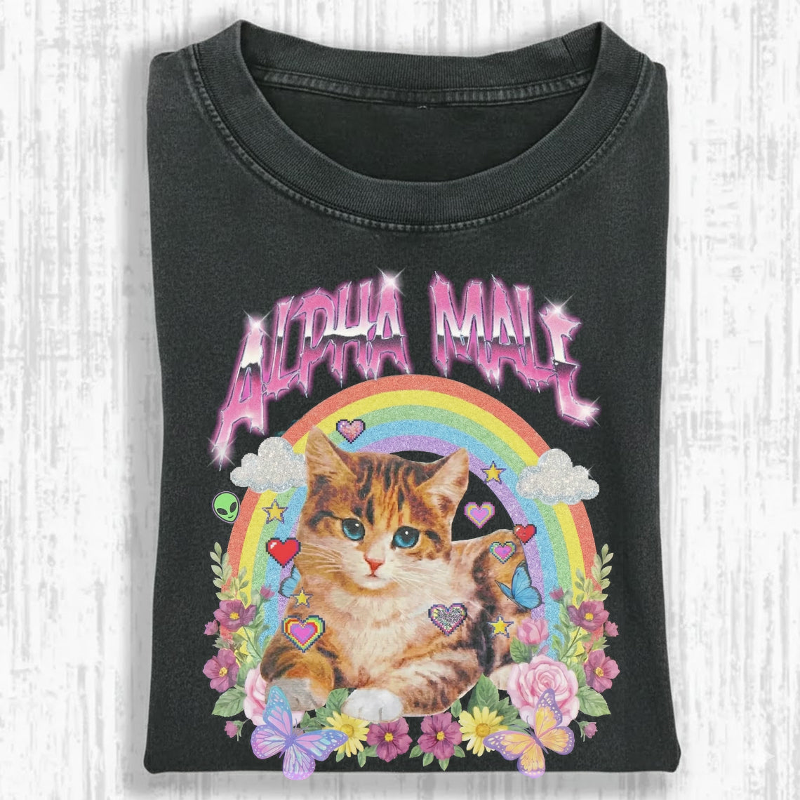 Alpha Male Funny Cat Graphic Tee – Ironic Y2K Meme Vintage Oversized Washed Shirt Gift