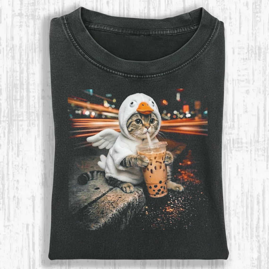 Funny Cat Duck Costume Boba Tea Graphic Tee – Vintage Grunge Oversized Washed Shirt Gift