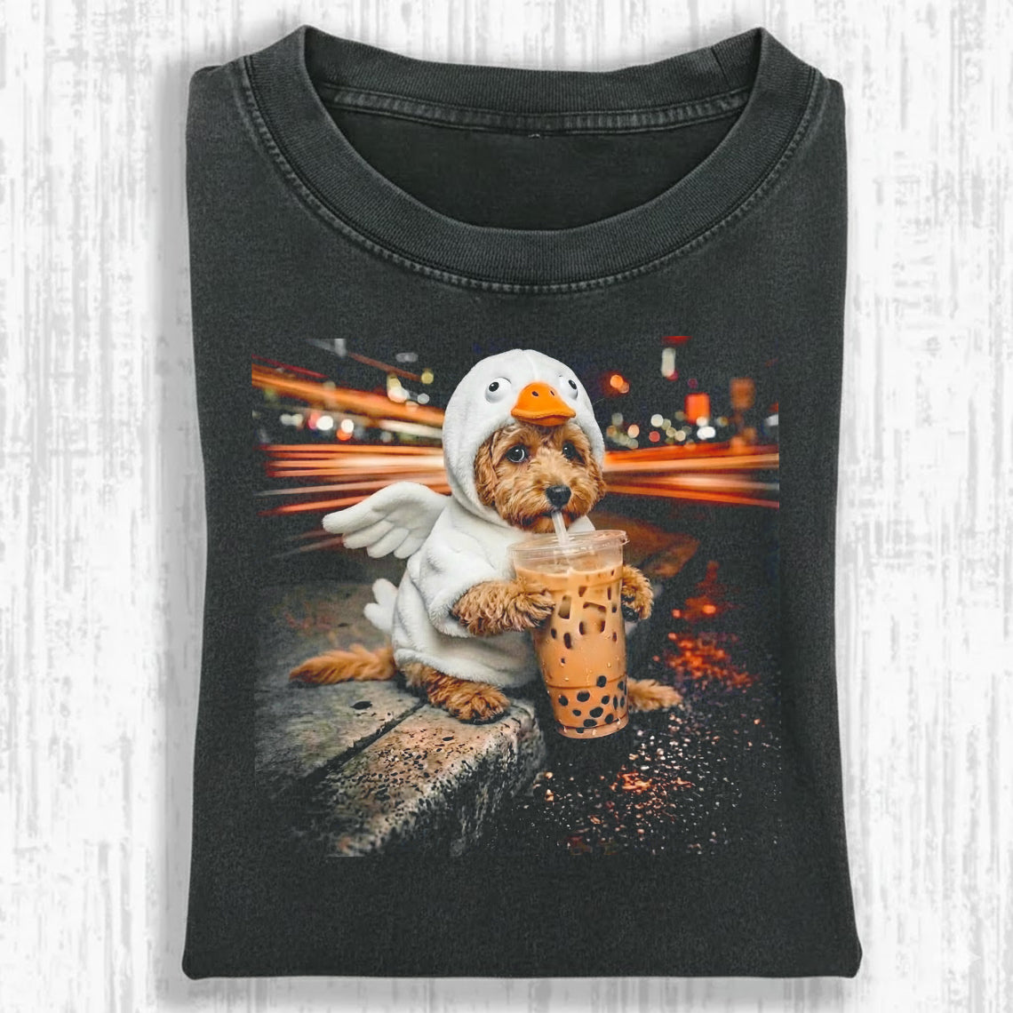 Funny Dog Duck Costume Boba Tea Graphic Tee – Vintage Grunge Oversized Washed Shirt Gift