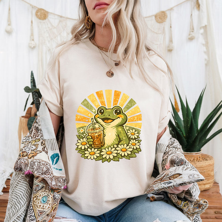 Retro Frog Iced Coffee Shirt – Cute Groovy Daisy Sunshine Graphic Tee, Coffee Lover Gift