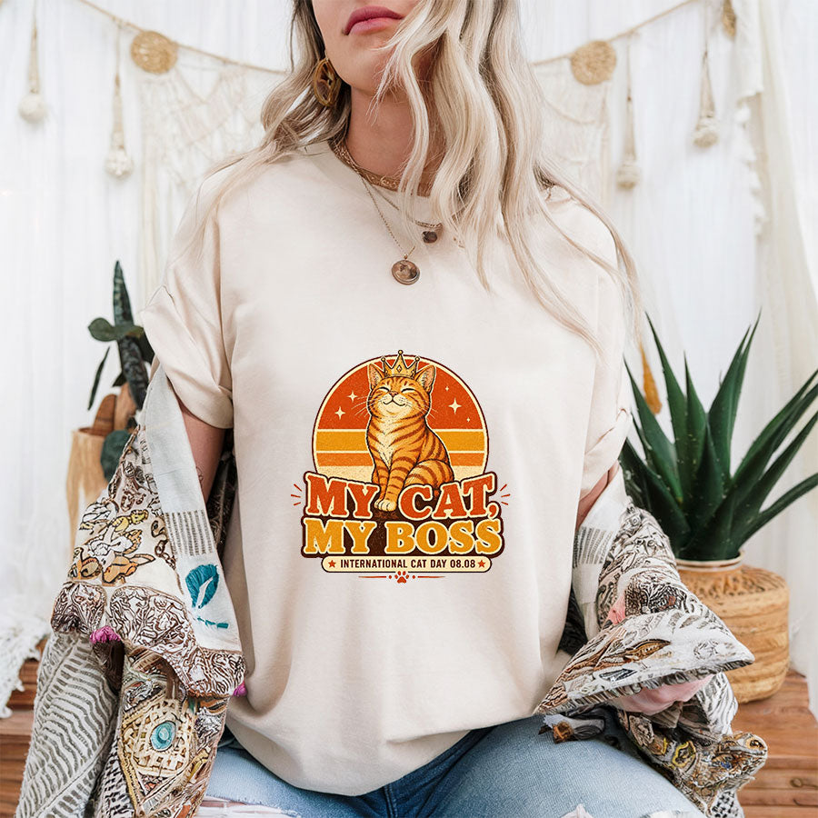 My Cat My Boss Shirt, Funny International Cat Day Tee, Retro Cat Lover Gift, Cat Mom Shirt, Ginger Orange Cat Shirt