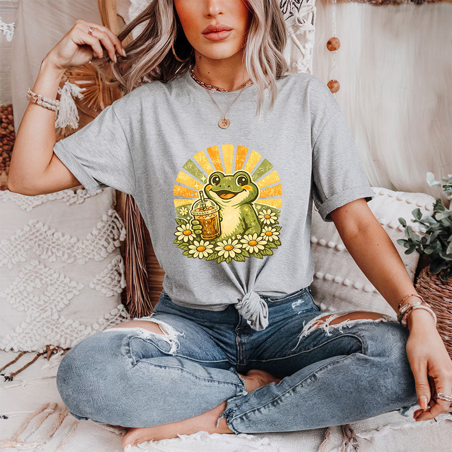 Retro Frog Iced Coffee Shirt – Cute Groovy Daisy Sunshine Graphic Tee, Coffee Lover Gift
