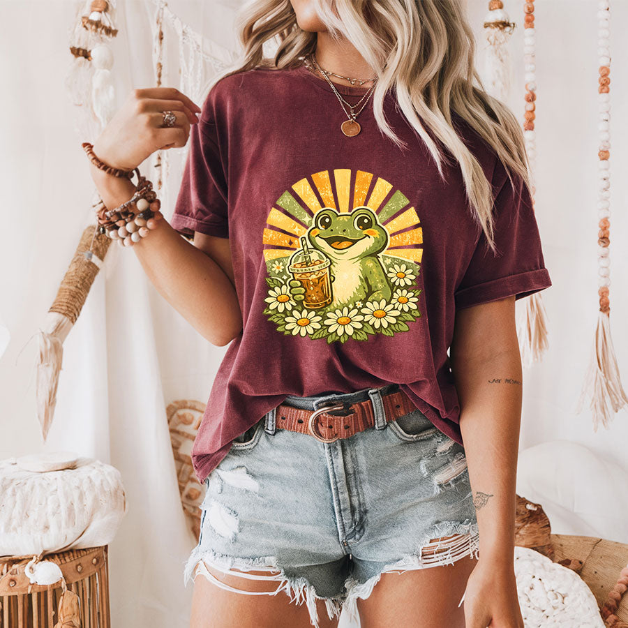 Retro Frog Iced Coffee Shirt – Cute Groovy Daisy Sunshine Graphic Tee, Coffee Lover Gift