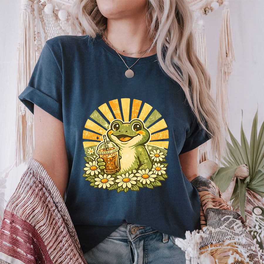 Retro Frog Iced Coffee Shirt – Cute Groovy Daisy Sunshine Graphic Tee, Coffee Lover Gift