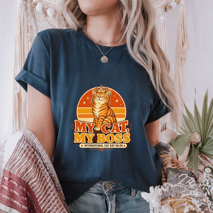 My Cat My Boss Shirt, Funny International Cat Day Tee, Retro Cat Lover Gift, Cat Mom Shirt, Ginger Orange Cat Shirt