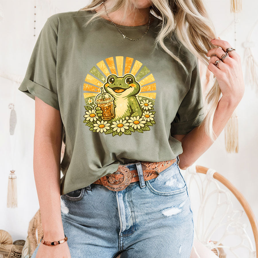 Retro Frog Iced Coffee Shirt – Cute Groovy Daisy Sunshine Graphic Tee, Coffee Lover Gift