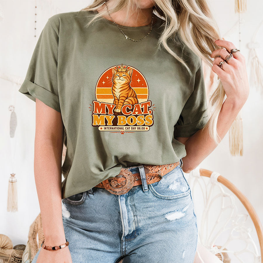 My Cat My Boss Shirt, Funny International Cat Day Tee, Retro Cat Lover Gift, Cat Mom Shirt, Ginger Orange Cat Shirt