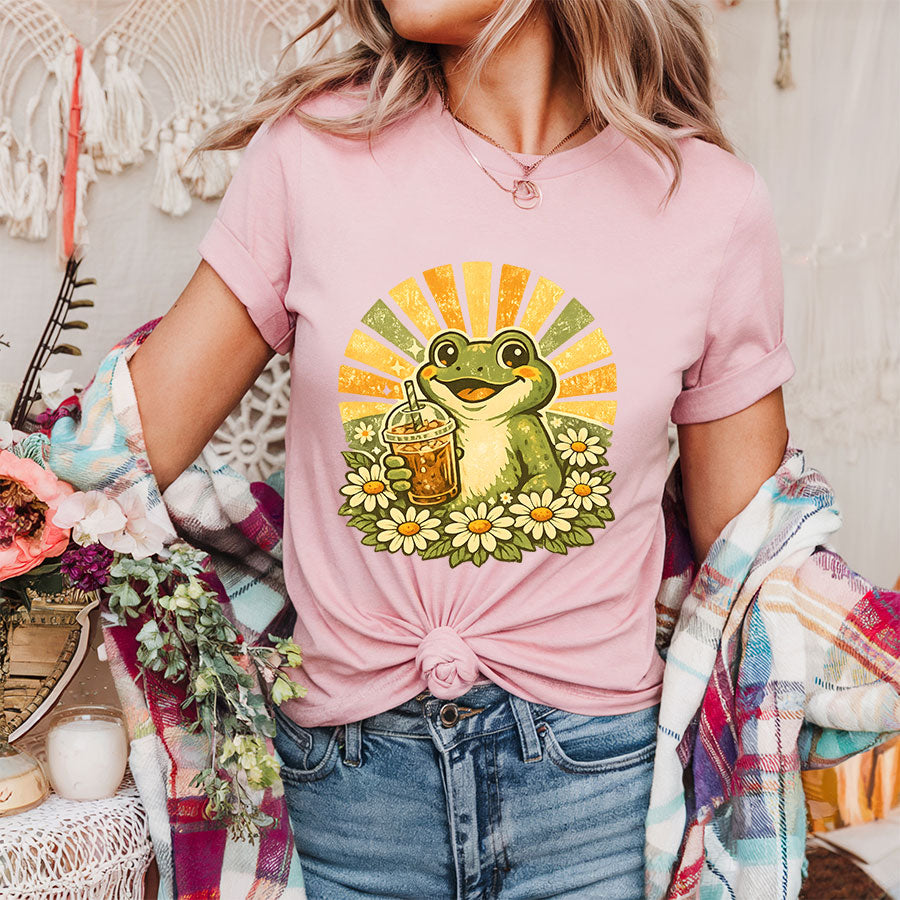 Retro Frog Iced Coffee Shirt – Cute Groovy Daisy Sunshine Graphic Tee, Coffee Lover Gift