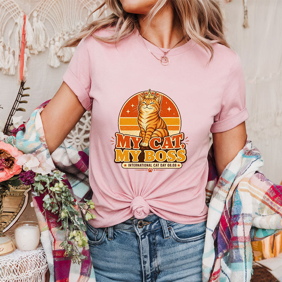 My Cat My Boss Shirt, Funny International Cat Day Tee, Retro Cat Lover Gift, Cat Mom Shirt, Ginger Orange Cat Shirt