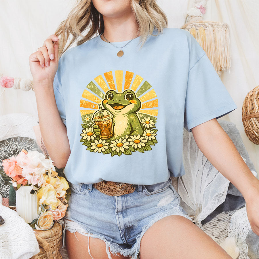 Retro Frog Iced Coffee Shirt – Cute Groovy Daisy Sunshine Graphic Tee, Coffee Lover Gift