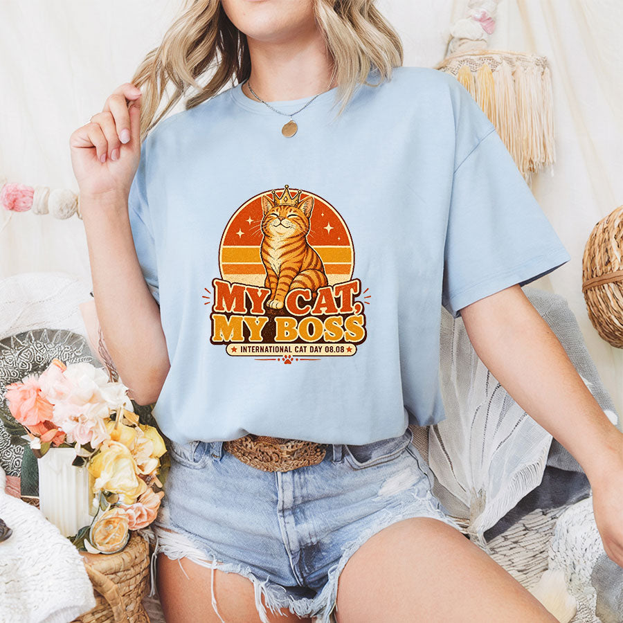 My Cat My Boss Shirt, Funny International Cat Day Tee, Retro Cat Lover Gift, Cat Mom Shirt, Ginger Orange Cat Shirt
