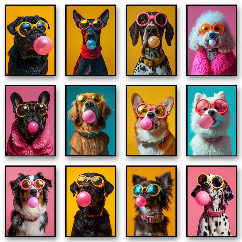 Animals Funny Prints Dog Colorful Bubblegum Sunglasses Poster Samoyed French Bulldog Canvas Painting Wall Art Picture Home Decor