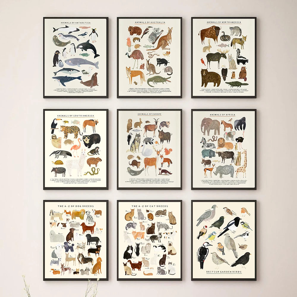 African Animals Dogs Cats Polar Whale Penguin Ocean Educational Posters Kids Room Decor Wall Art Canvas Painting Print Pictures