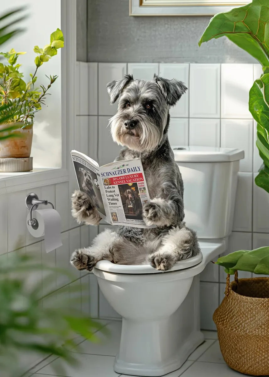 Funny Bathroom Poster Dog Reading Newspaper On Toilet Prints Pet Owner Gift Canvas Painting Wall Art Picture Home Bathroom Decor