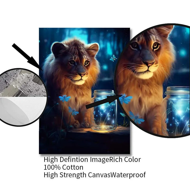 Cute Animal Poster Blue Fluorescence Butterfly Lion Dog Monkey Tiger Prints Canvas Painting Wall Art Picture Kids Room Decor