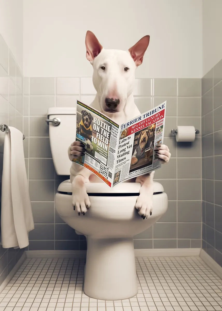 Funny Bathroom Poster Dog Reading Newspaper On Toilet Prints Pet Owner Gift Canvas Painting Wall Art Picture Home Bathroom Decor