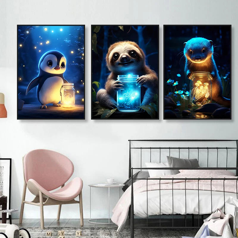 Cute Animal Poster Blue Fluorescence Butterfly Lion Dog Monkey Tiger Prints Canvas Painting Wall Art Picture Kids Room Decor