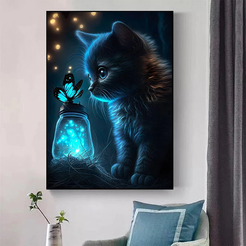Cute Animal Poster Blue Fluorescence Butterfly Lion Dog Monkey Tiger Prints Canvas Painting Wall Art Picture Kids Room Decor