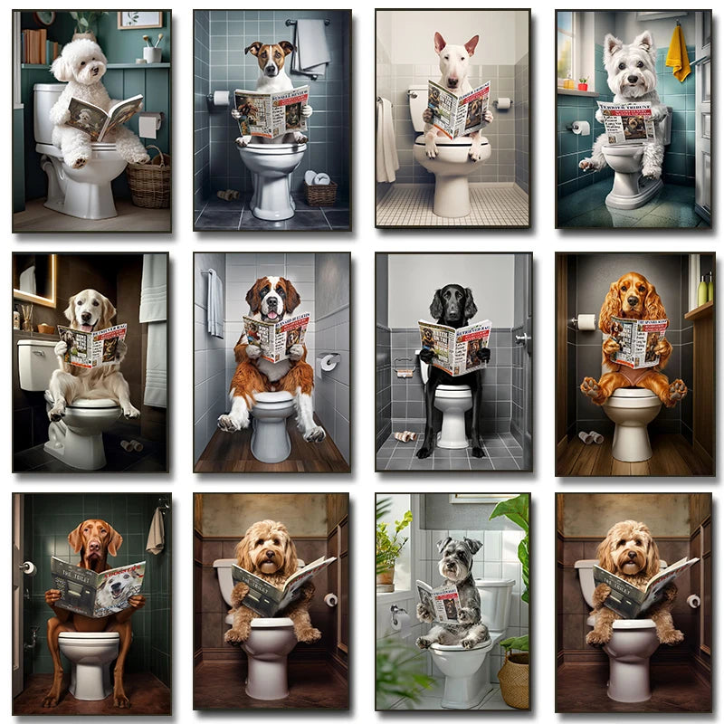 Funny Bathroom Poster Dog Reading Newspaper On Toilet Prints Pet Owner Gift Canvas Painting Wall Art Picture Home Bathroom Decor