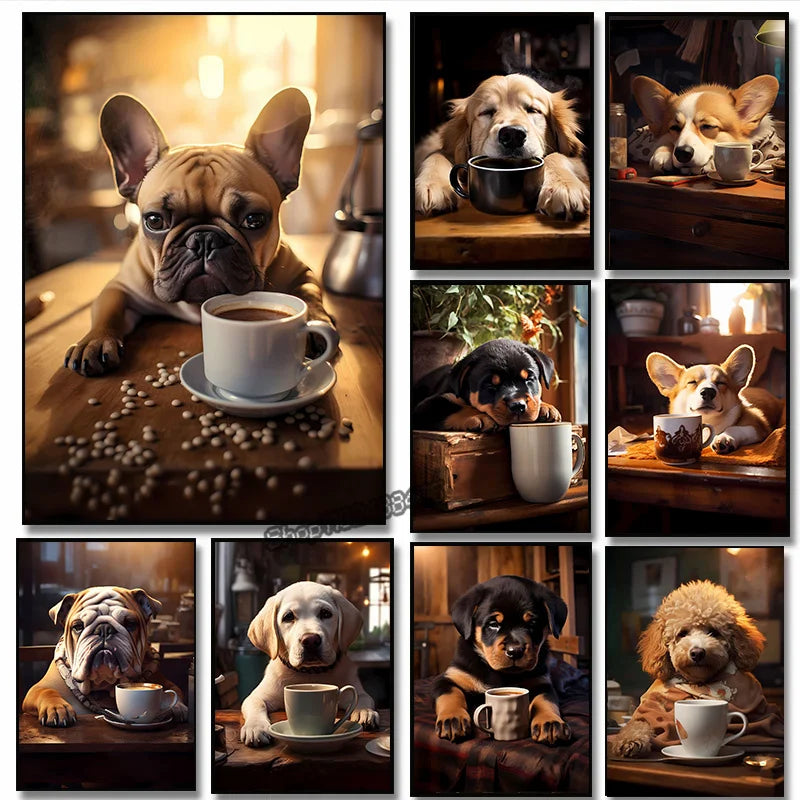 Cute Dogs Golden Retriever French Bulldog Pup Coffee Poster Print Canvas Painting Funny Animal Wall Art Kitchen Room Home Decor