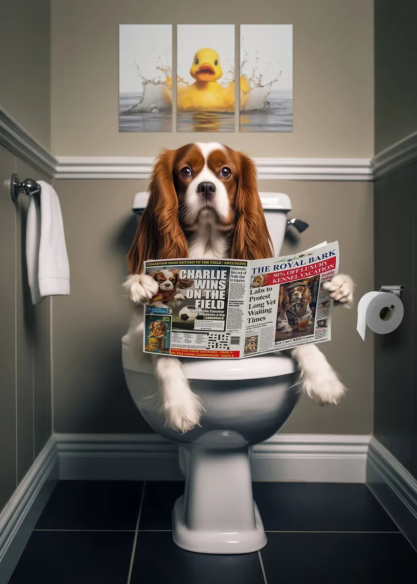 Funny Bathroom Poster Dog Reading Newspaper On Toilet Prints Pet Owner Gift Canvas Painting Wall Art Picture Home Bathroom Decor