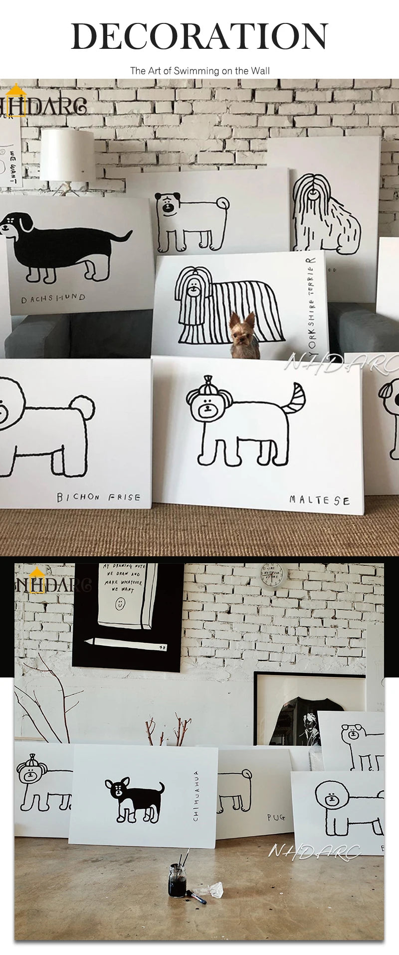 Wall Art Canvas Print Painting Poster Picture Black White Cute Animal Puppy Dog Modern Nordic Korean Living Room Home Decor