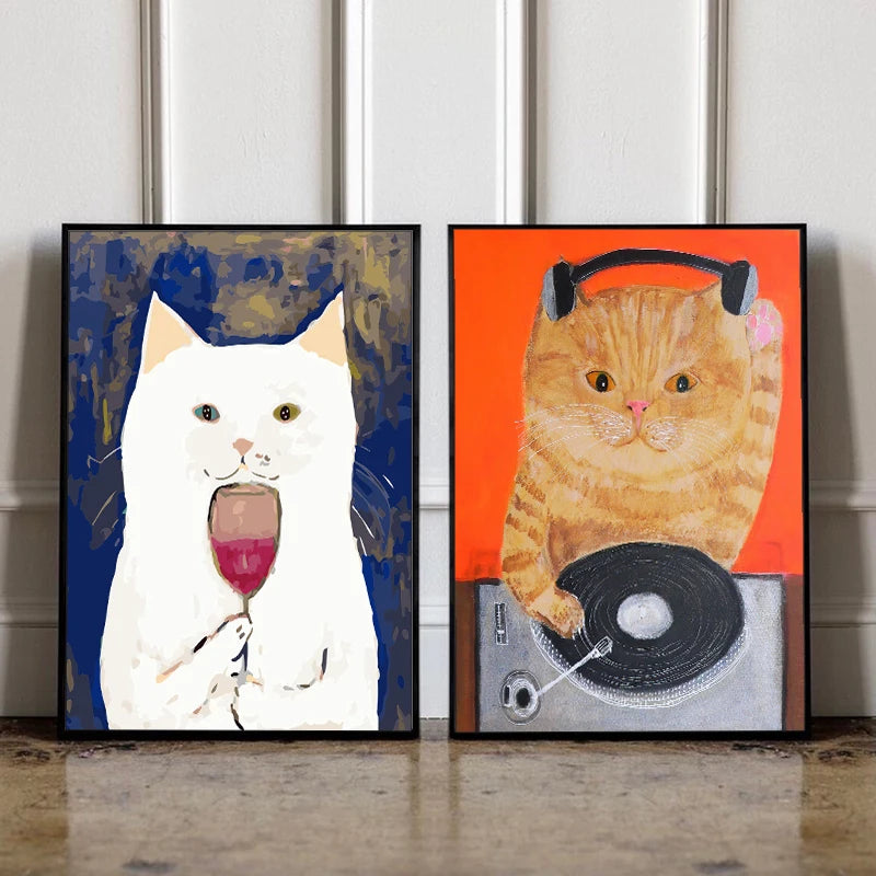 Funny Cartoon Animal Poster Modern Nordic Wall Art Dog Cat Beauty Salon Canvas Painting Cat Playing Guitar Print Home Room Decor