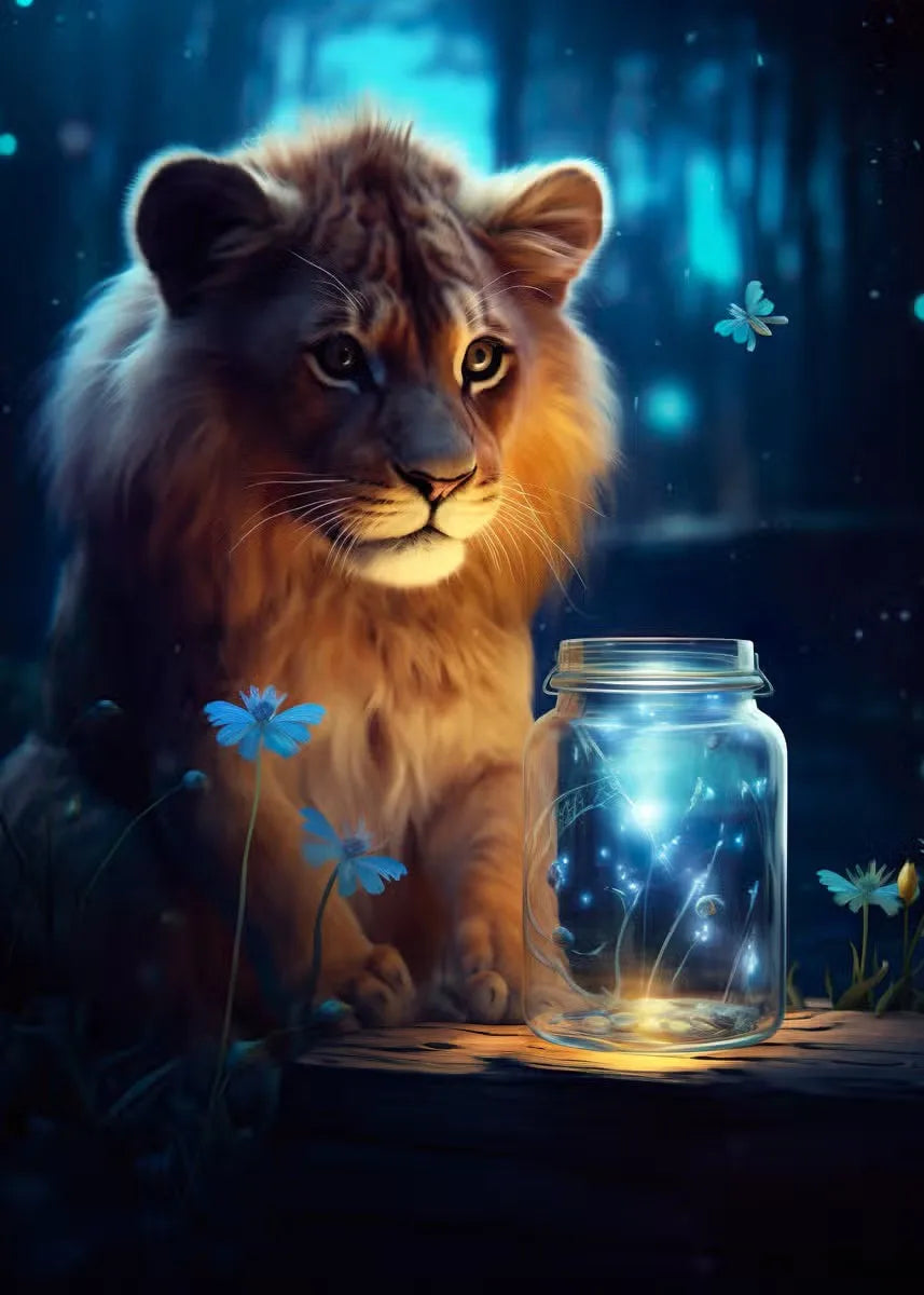 Cute Animal Poster Blue Fluorescence Butterfly Lion Dog Monkey Tiger Prints Canvas Painting Wall Art Picture Kids Room Decor