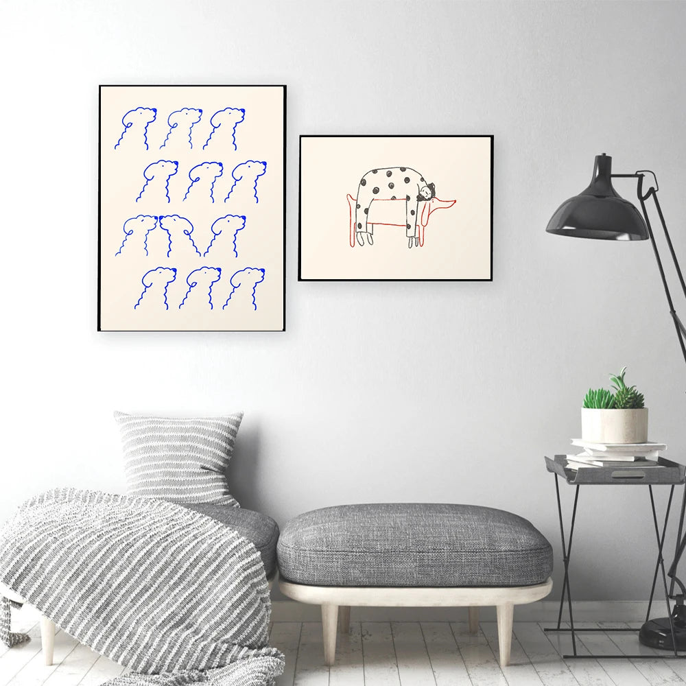 Cute Blue Line Dog Poster Abstract Pet Wall Picture Animals Canvas Painting Minimalist Art Print Modern Nursery Bedroom Decor