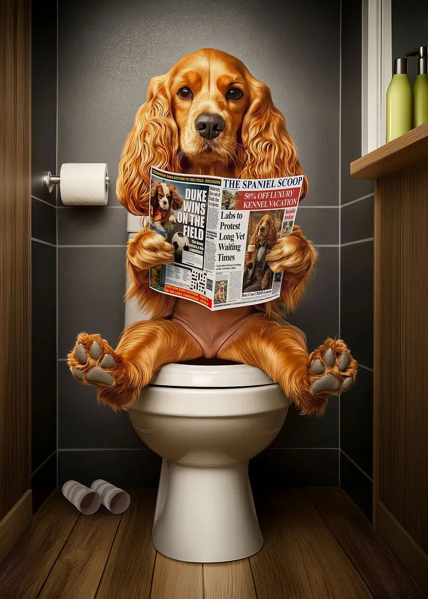 Funny Bathroom Poster Dog Reading Newspaper On Toilet Prints Pet Owner Gift Canvas Painting Wall Art Picture Home Bathroom Decor