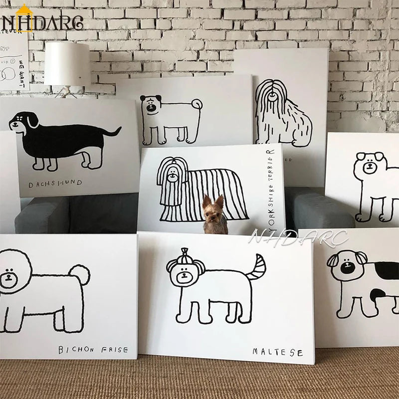 Wall Art Canvas Print Painting Poster Picture Black White Cute Animal Puppy Dog Modern Nordic Korean Living Room Home Decor